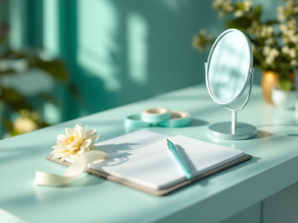 A calm consultation desk with a notepad, a measuring tape and a small mirror