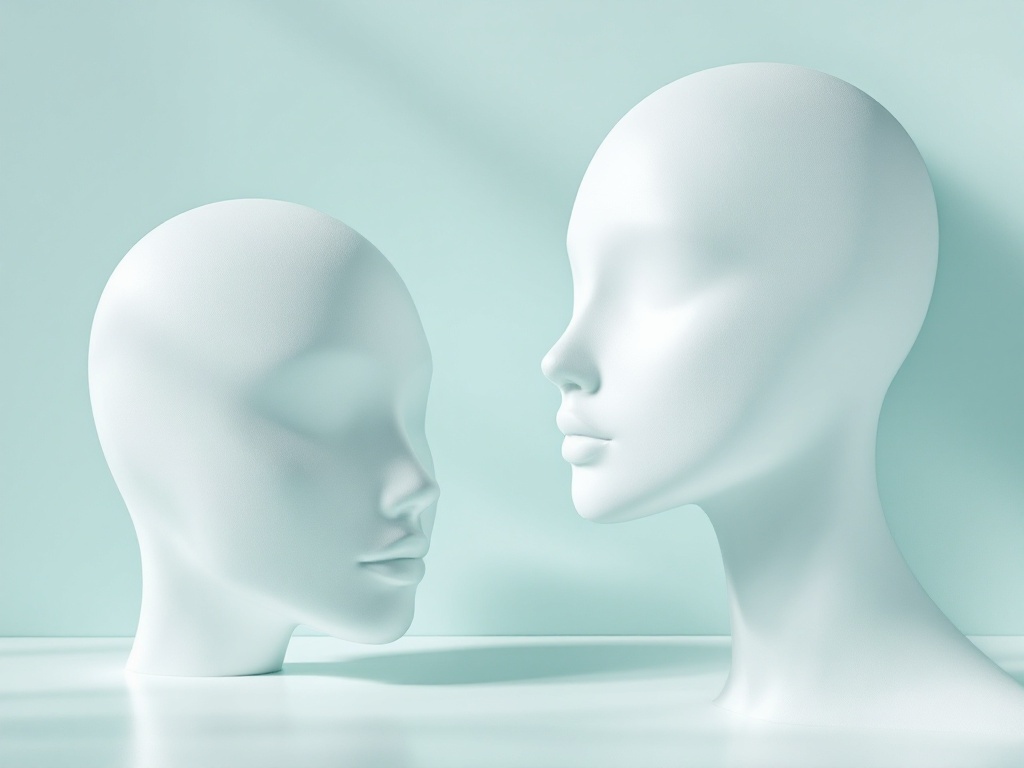 Two soft sculpting forms with a gentle transfer arrow motif on a calm seafoam backdrop