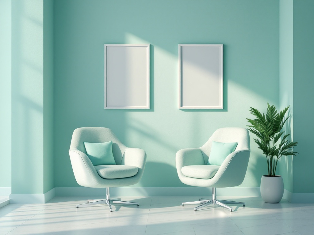 A modern clinic consultation room with two chairs and soft seafoam walls