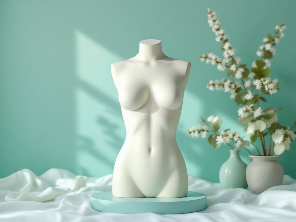 A smooth pale sculpting torso form with soft contour markings on a seafoam backdrop