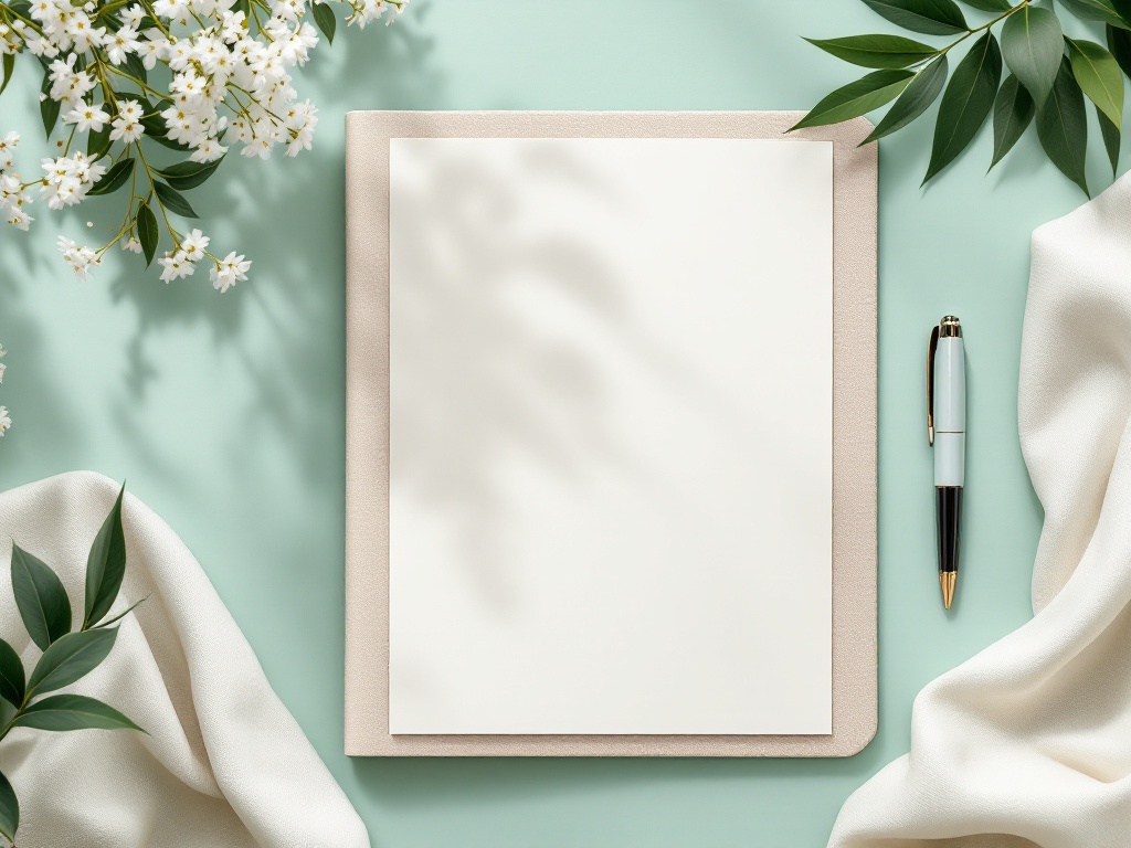 A tidy folder of blank cream insurance paperwork with a pen on a soft seafoam desk