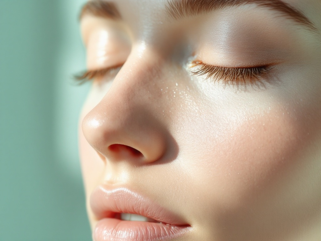 A soft close crop of smooth calm skin with a faint natural crease in gentle mint light