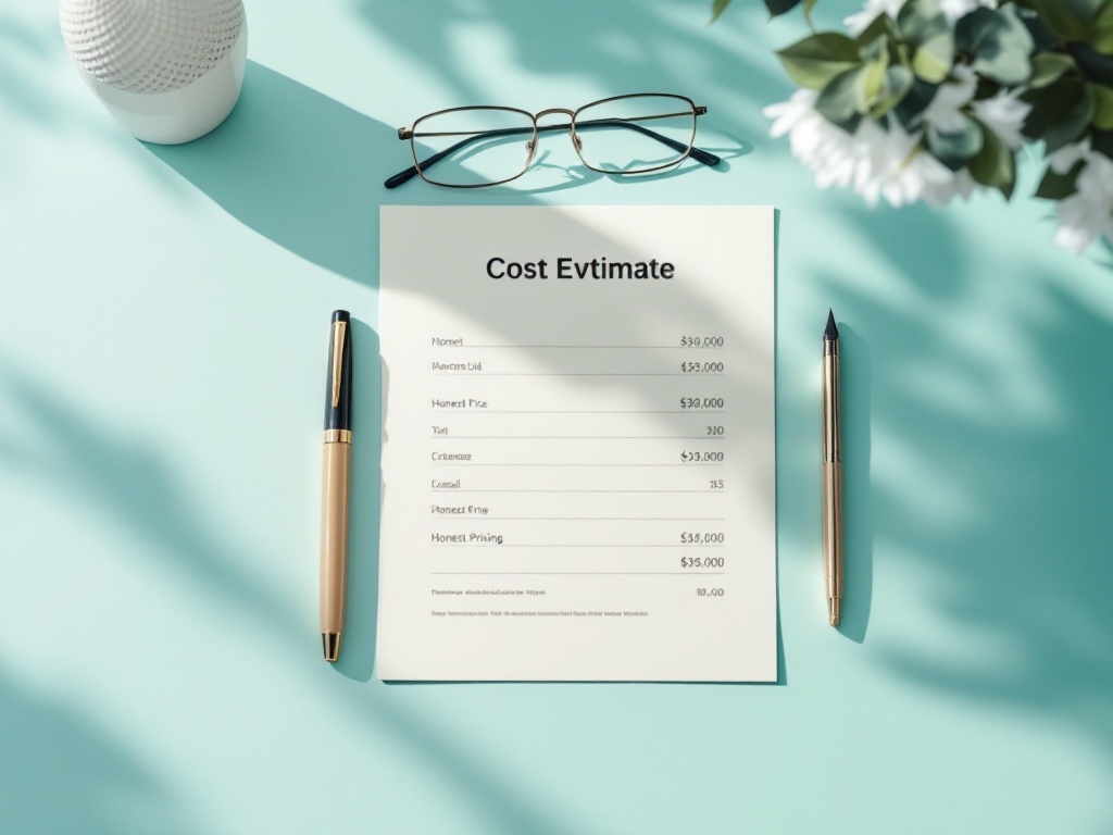 A clean medical cost estimate, a pen and reading glasses on a soft seafoam desk