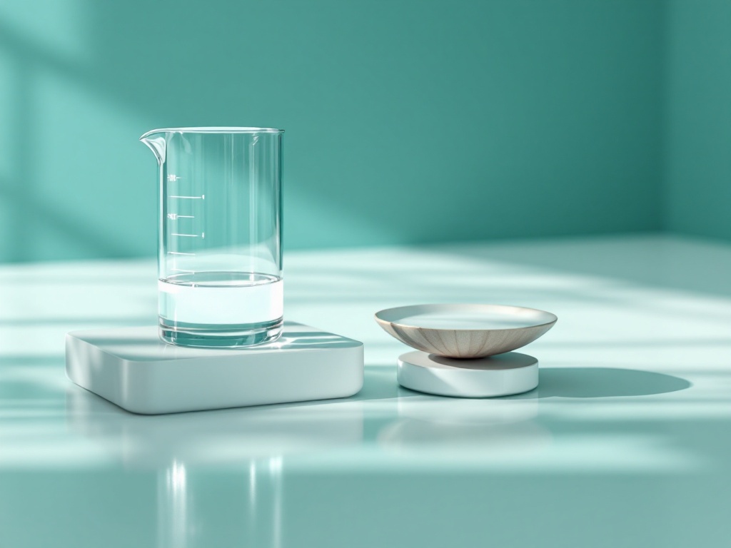 A clean glass measuring beaker beside a small balance on a sterile seafoam counter