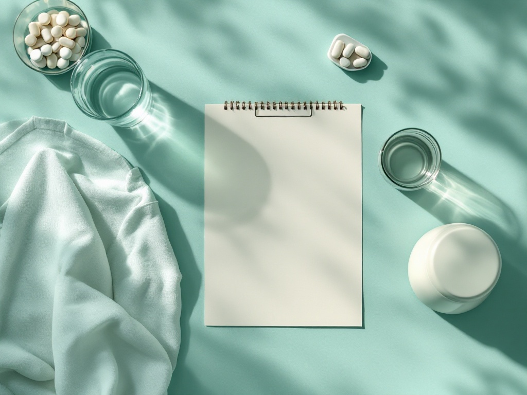 A tidy pre-surgery checklist, folded garment, water and pill organizer on a seafoam desk