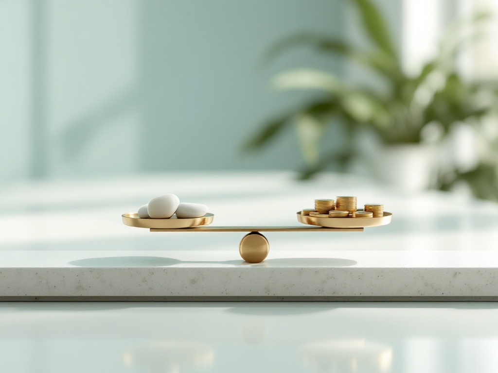 A balanced brass scale with a clean cost sheet on a soft seafoam surface, weighing value