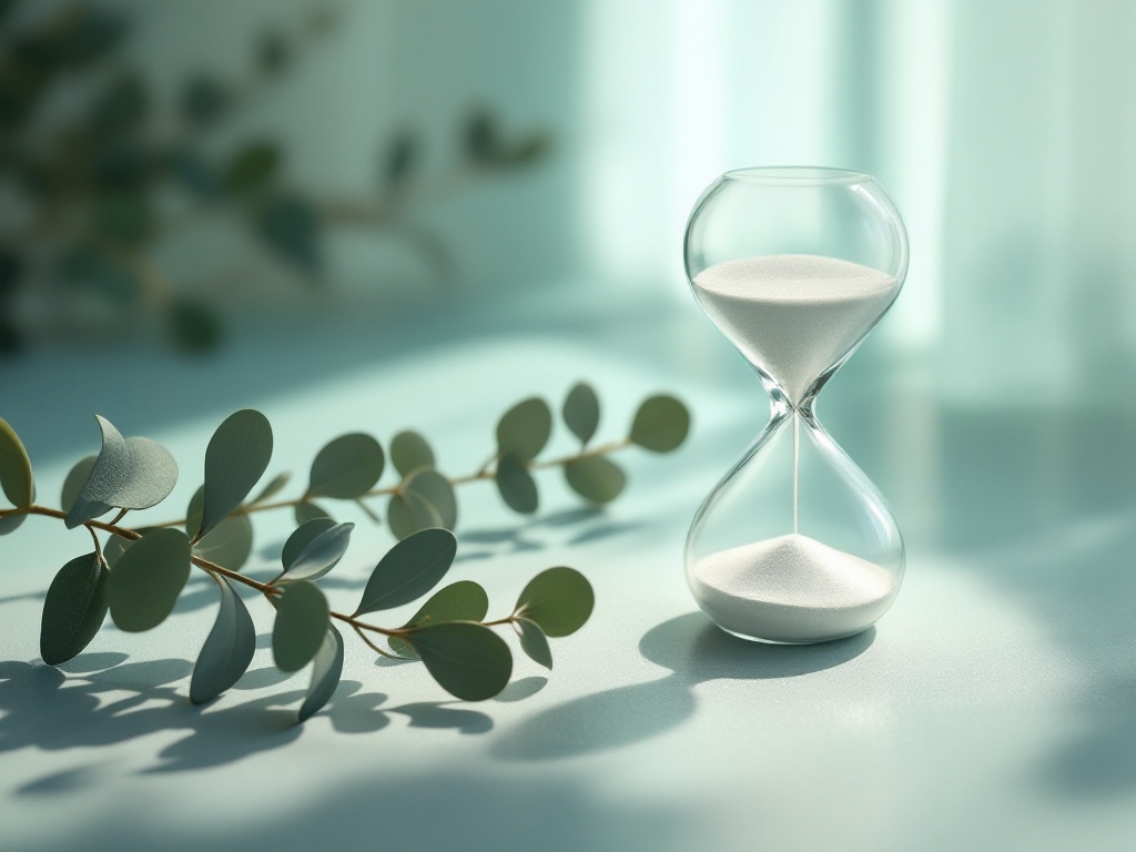 A single elegant glass hourglass with pale sand on a calm seafoam surface in soft light