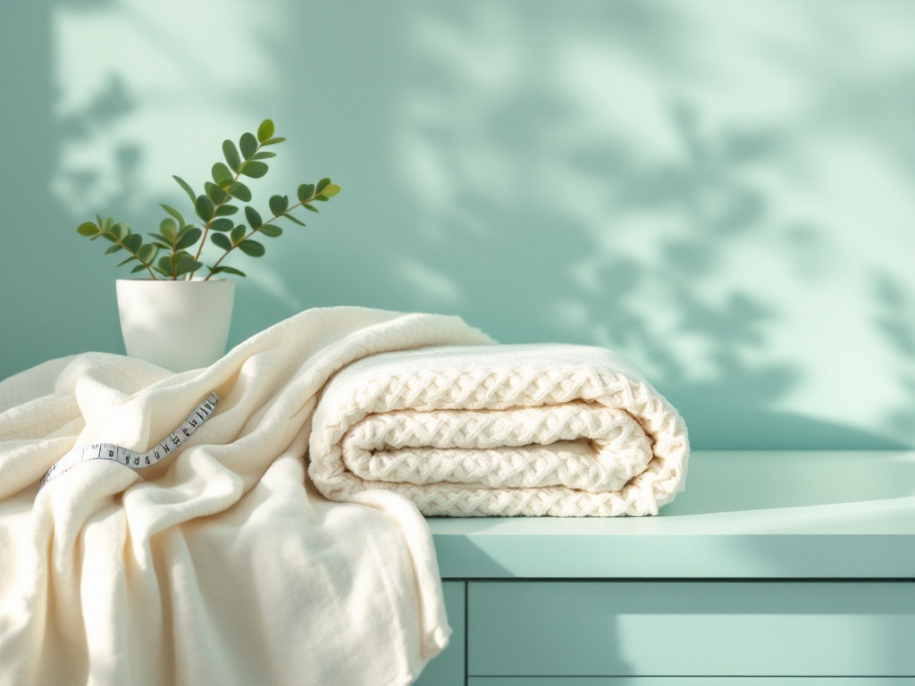 A folded soft blanket, a small plant and a tailors tape on a calm mint-white dresser