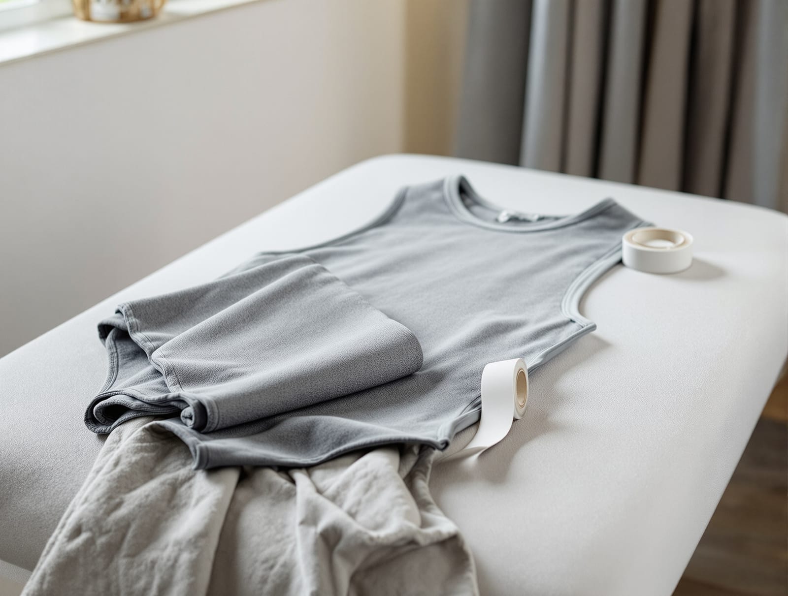 A calm mens fitting area with a folded compression vest, a tailors tape and a water glass on a soft seafoam bench