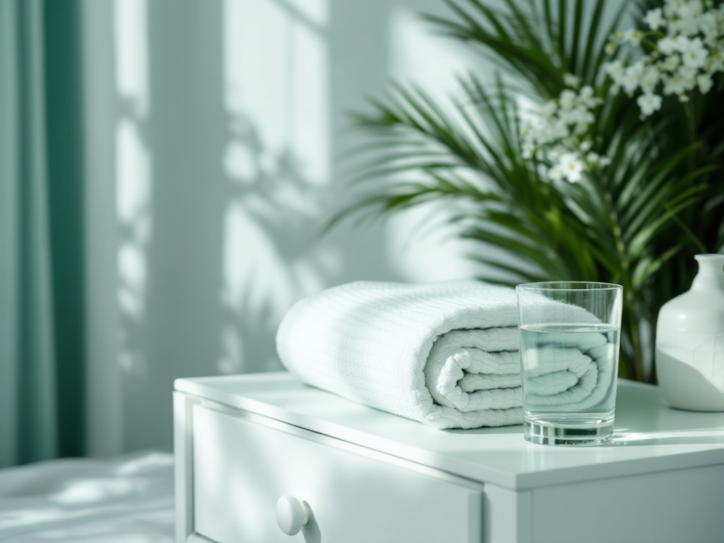 A neatly folded compression garment and a glass of water on a calm nightstand