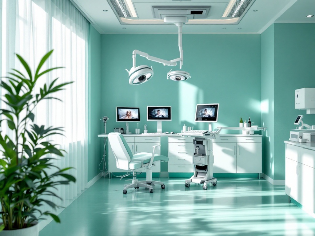 A calm accredited operating-room corner with clean monitors and soft teal light
