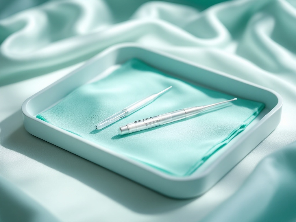 A tidy tray of clean aesthetic-surgery instruments on a sterile seafoam cloth