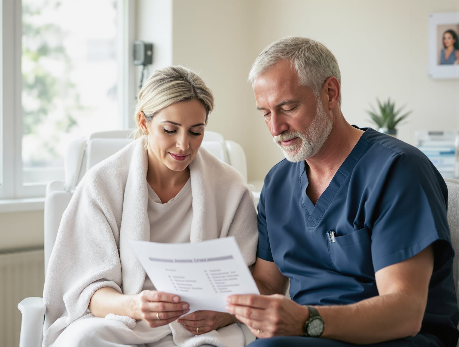 A patient in a pre-operative consultation room reviewing a medication list with an anesthesiologist seated beside them