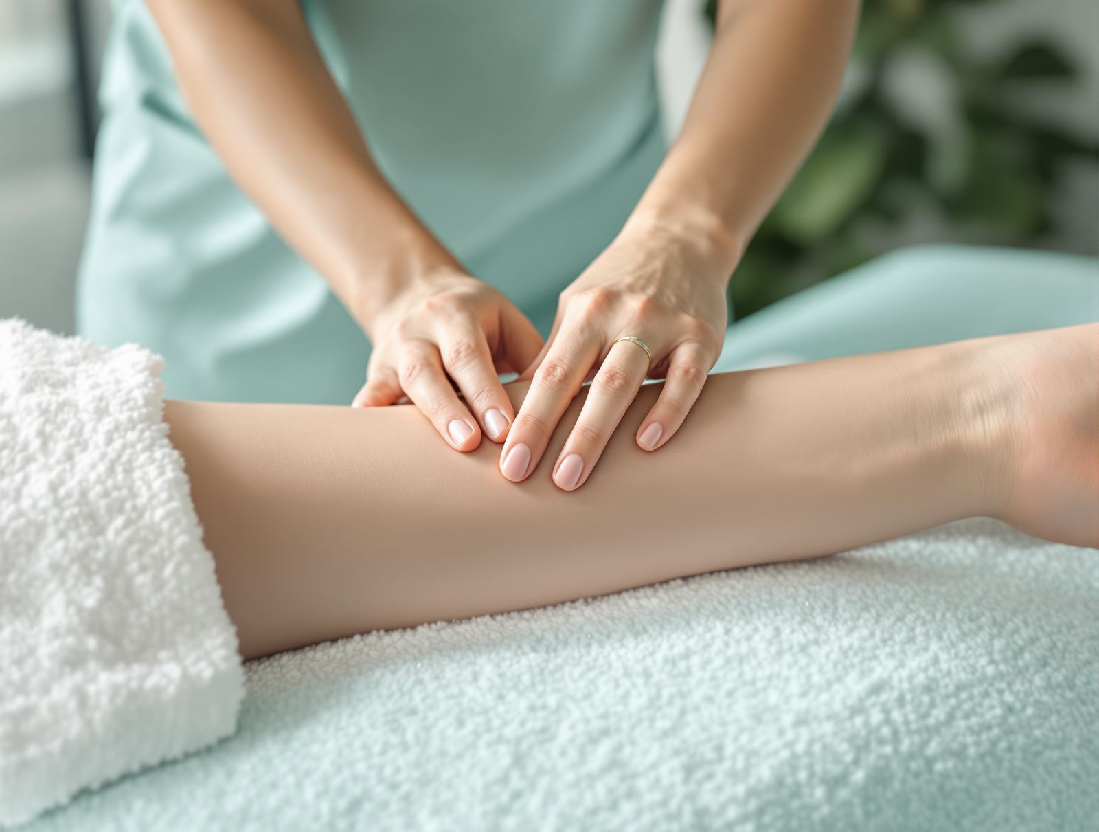 Gentle hands performing a light lymphatic drainage massage on a calm clients arm in soft mint light