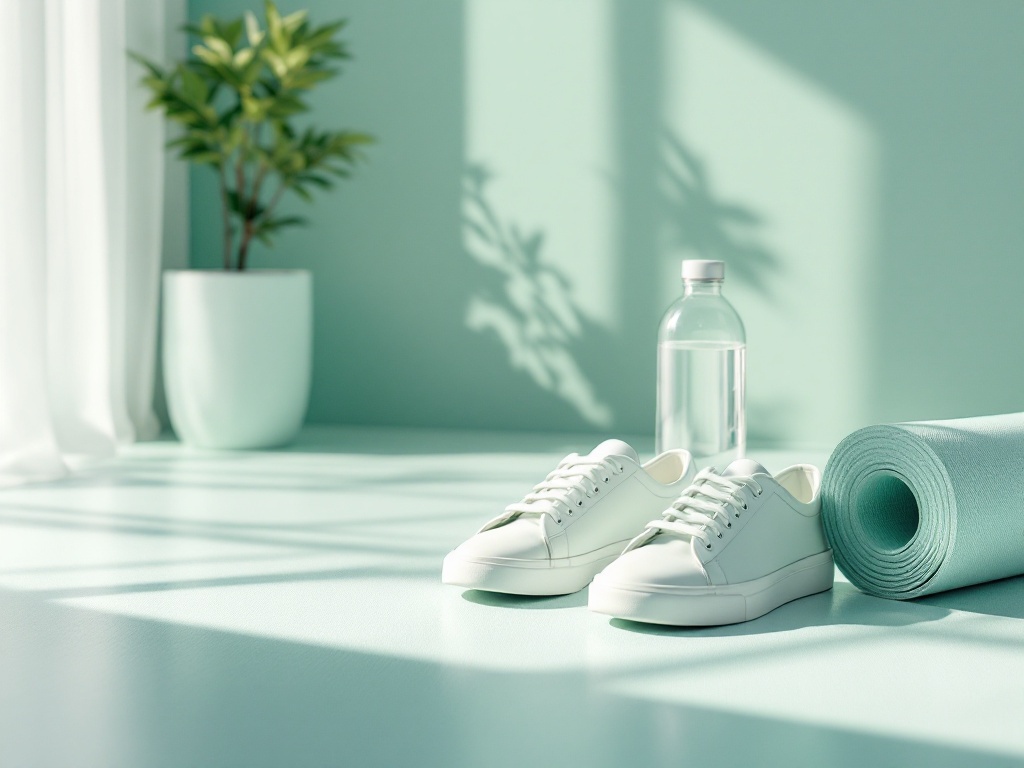 Clean light sneakers, a rolled mat and a water bottle on a bright mint floor